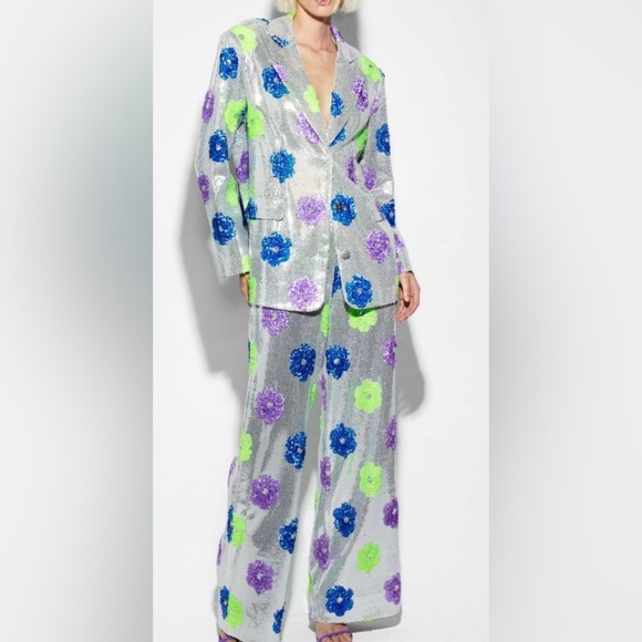 Nasty Gal Size 10 silver sequin w purple green and blue sequin flower pants. - Picture 3 of 14